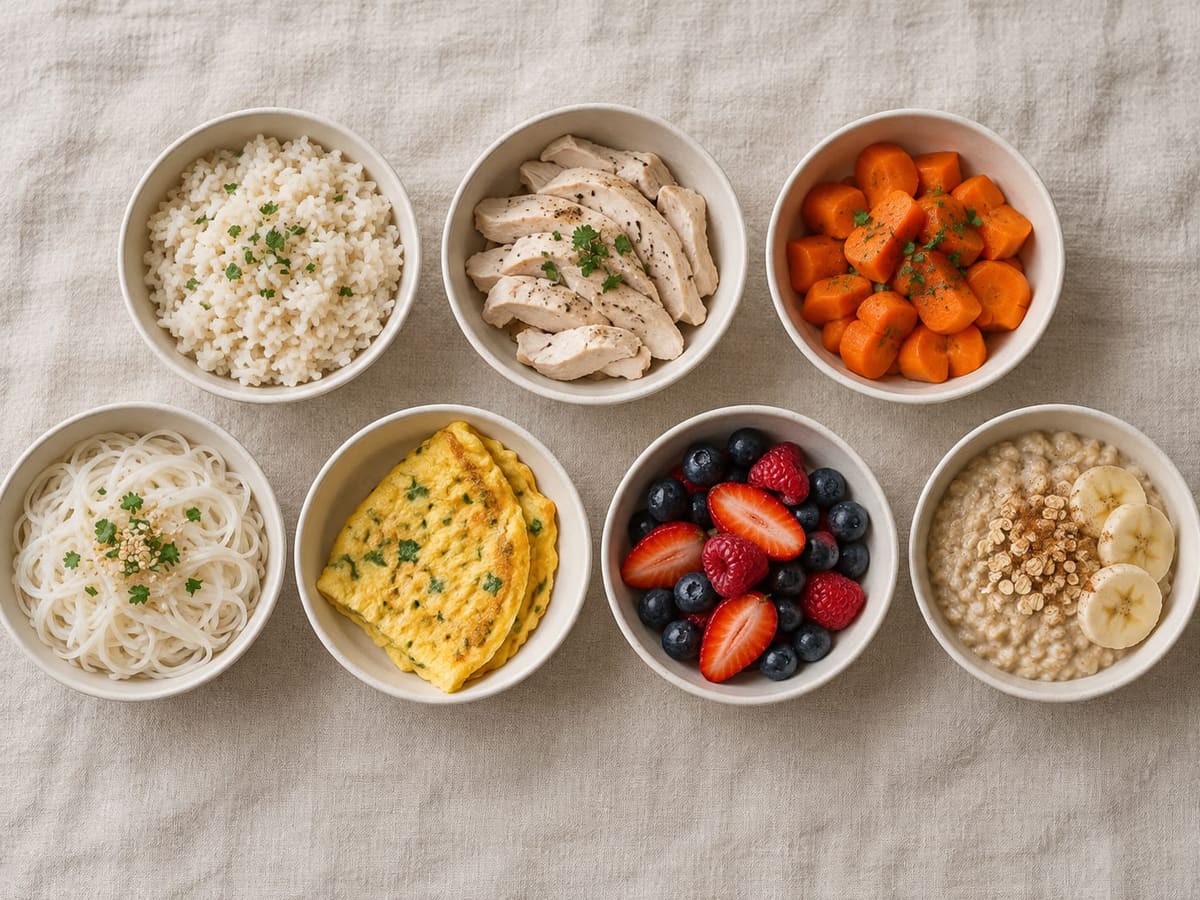 Seven simple meals in bowls arranged on cream linen
