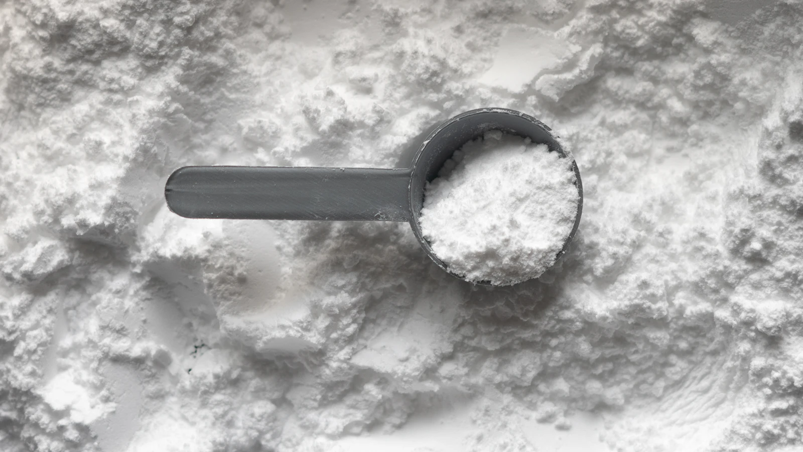 A grey scoop of white powder resting on a pile of powder