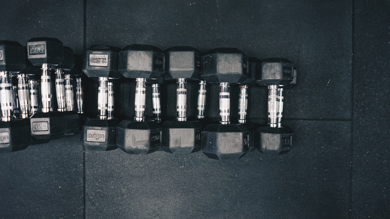 A row of black hexagonal dumbbells on a rack